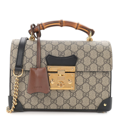 Gucci GG Supreme Monogram Small Padlock Bamboo Shoulder Bag Beige Black Cuir 1 of 11