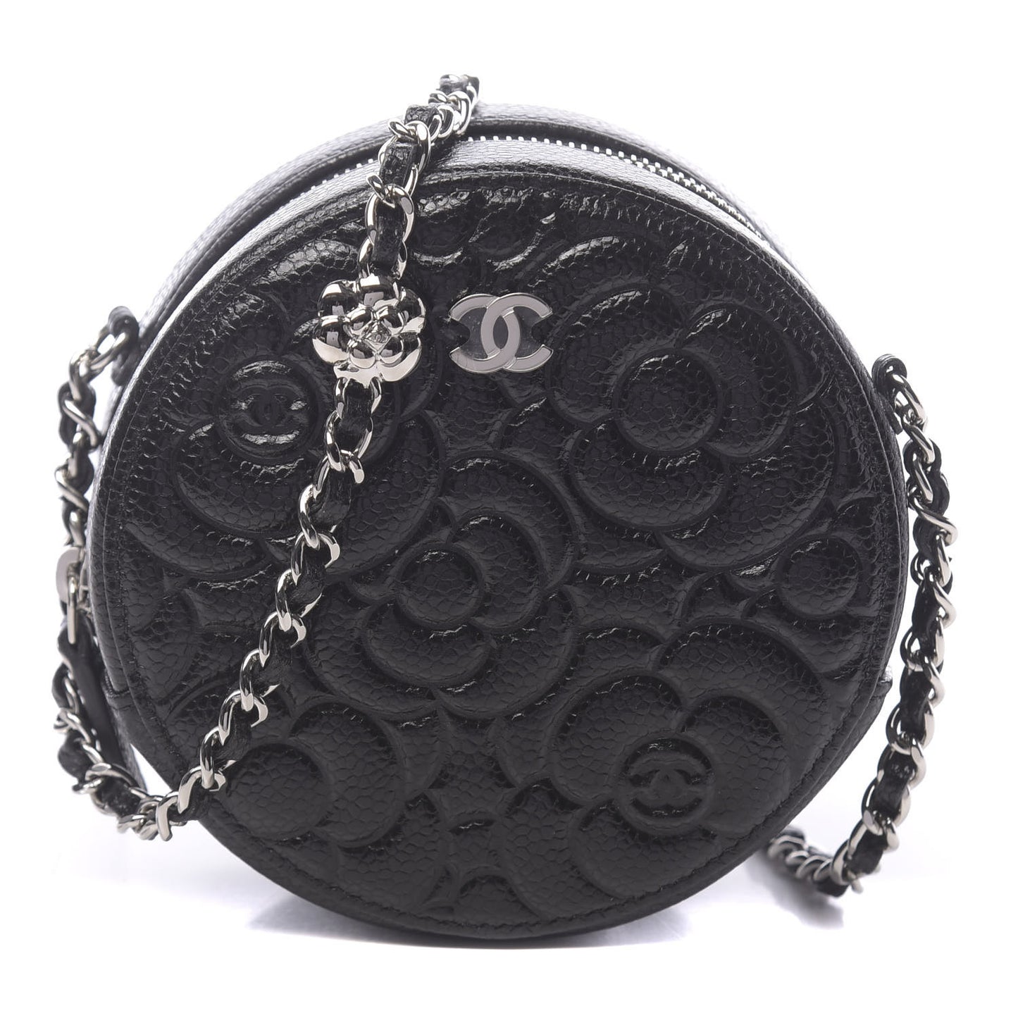 Caviar Camellia Embossed Round Clutch With Chain Black