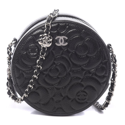 Chanel Caviar Camellia Embossed Round Clutch With Chain Black 1 of 11