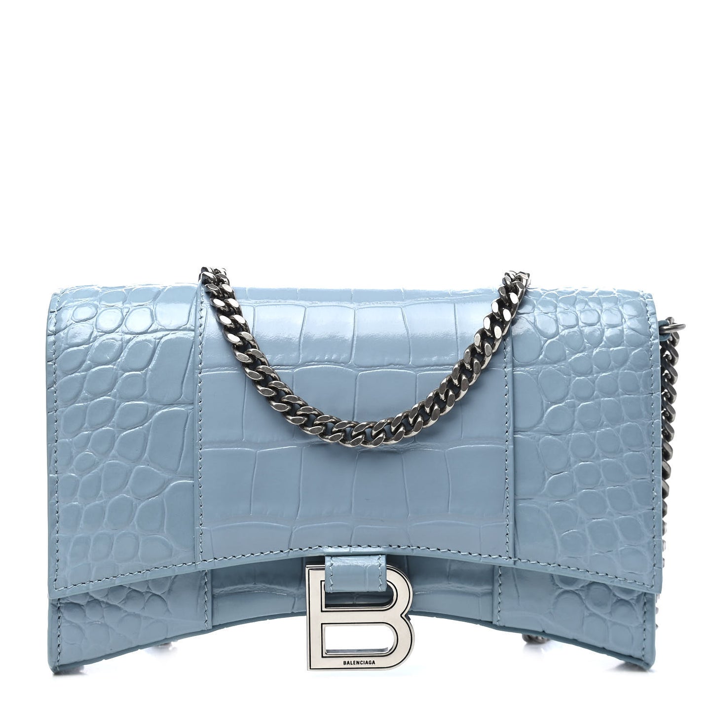 Shiny Calfskin Crocodile Embossed Hourglass Chain Bag Blue Grey