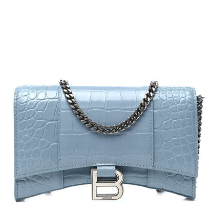 Balenciaga Shiny Calfskin Crocodile Embossed Hourglass Chain Bag Blue Grey 1 of 10