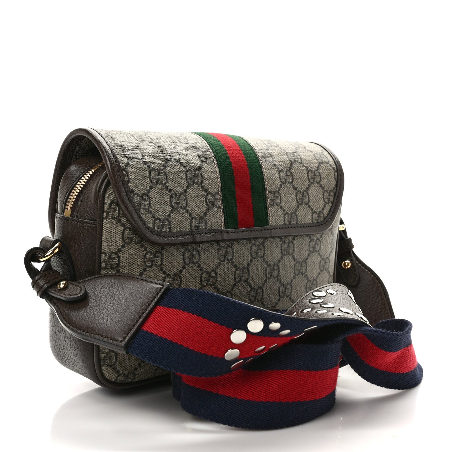 GG Supreme Monogram Textured Dollar Calfskin Web Studded Mini Ophidia Flap Shoulder Bag Beige Ebony New Acero