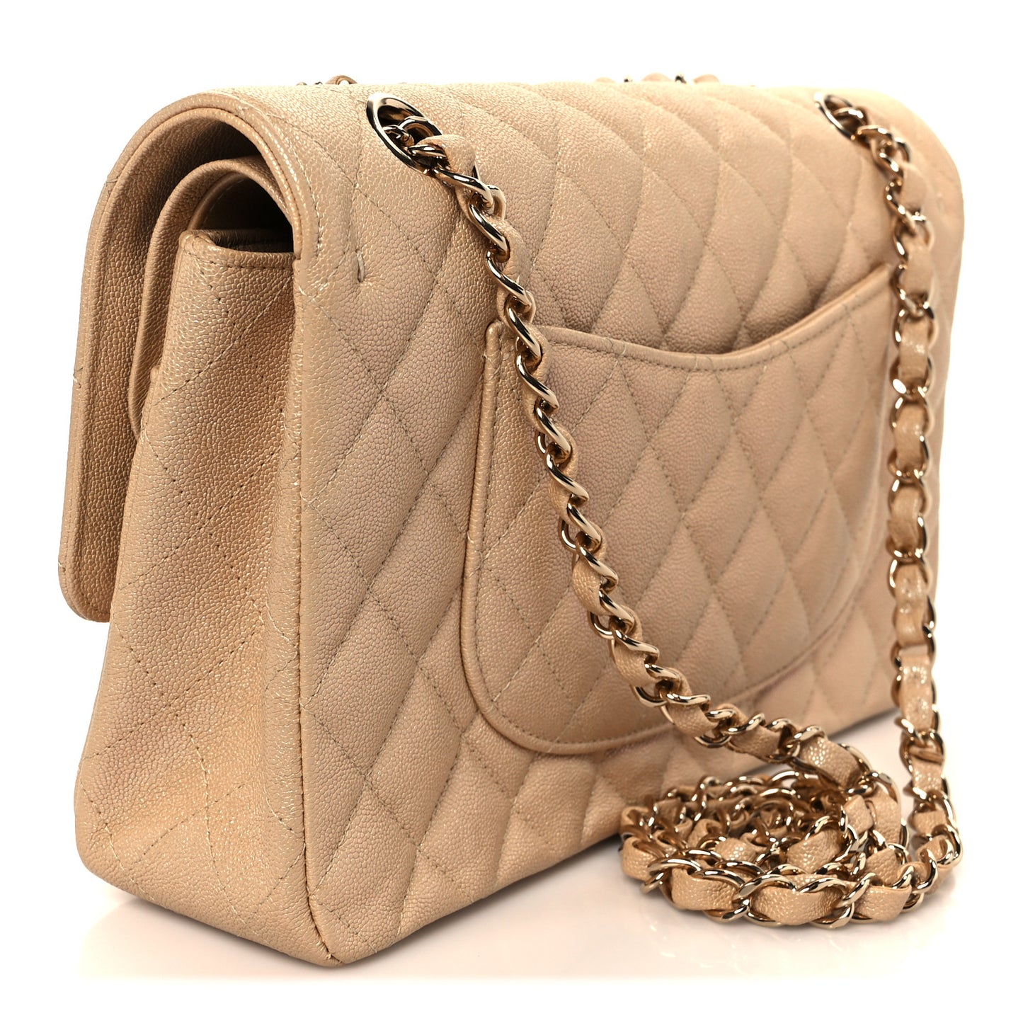 Iridescent Caviar Quilted Medium Double Flap Beige
