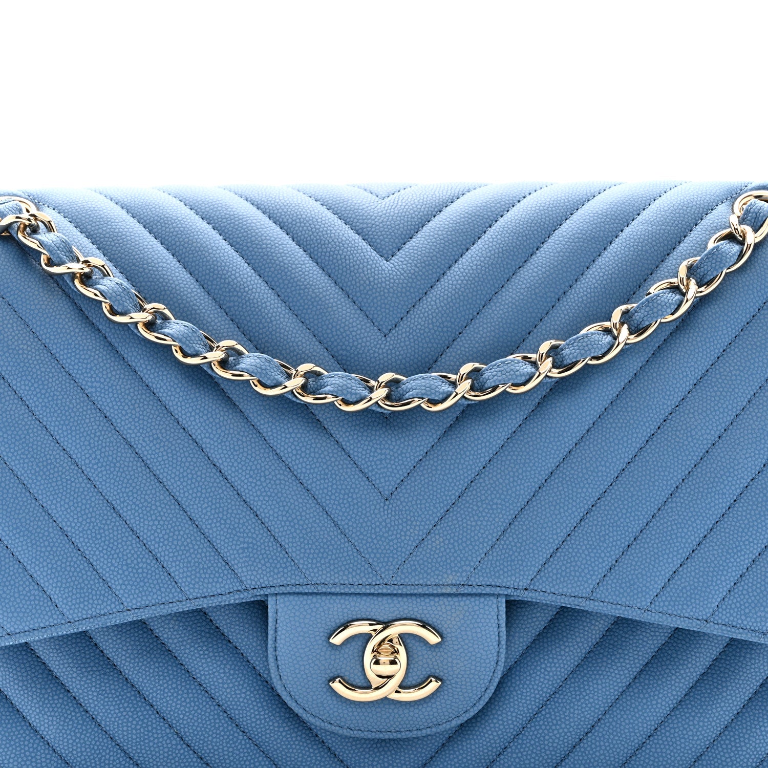Chanel Caviar Flat Chevron Quilted Jumbo Double Flap Blue 8 of 10