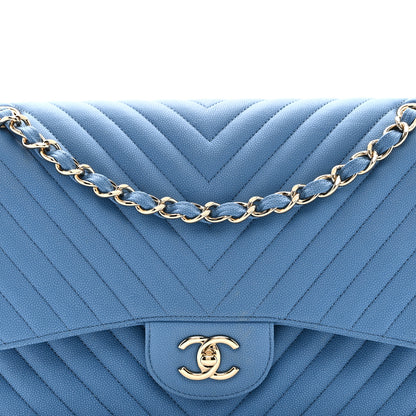 Chanel Caviar Flat Chevron Quilted Jumbo Double Flap Blue 8 of 10