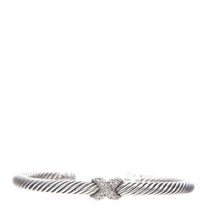David Yurman Sterling Silver 18K White Gold Diamond Pave 5mm X Cable Bracelet 1 of 5