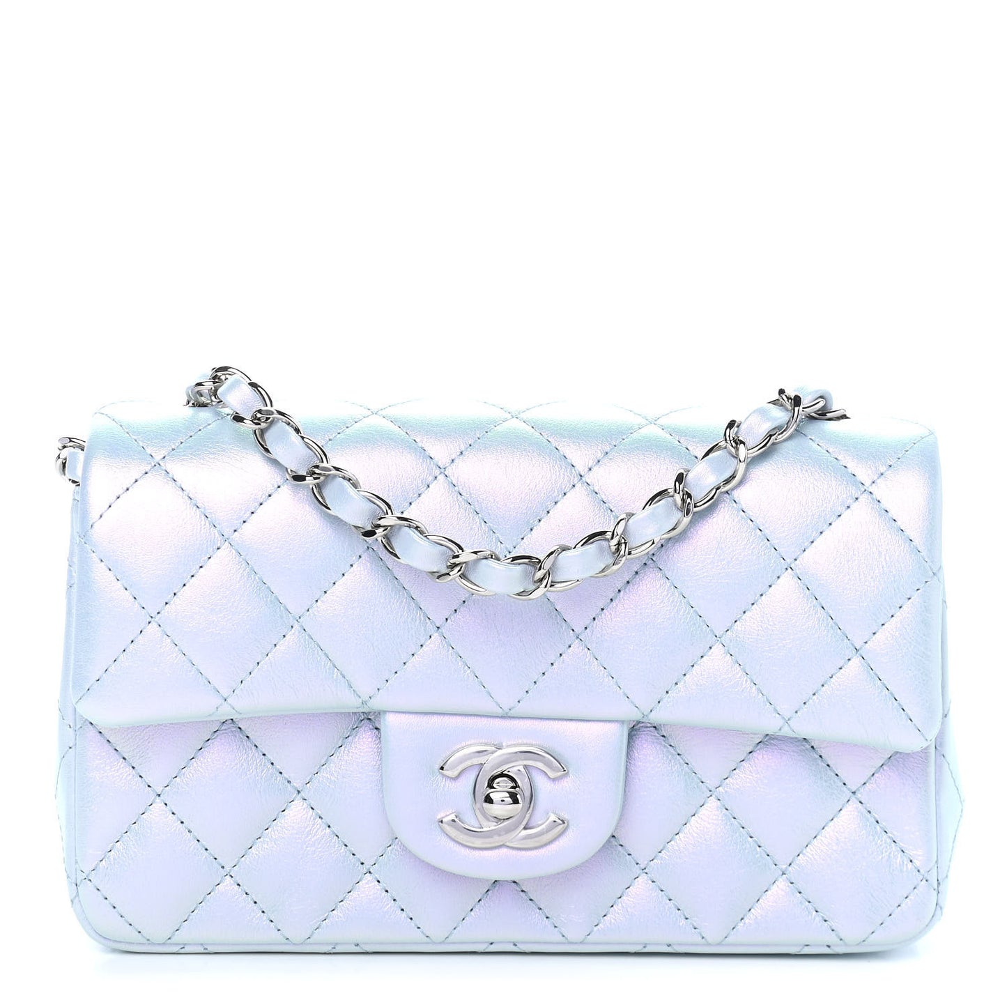 Iridescent Calfskin Quilted Mini Rectangular Flap Light Blue