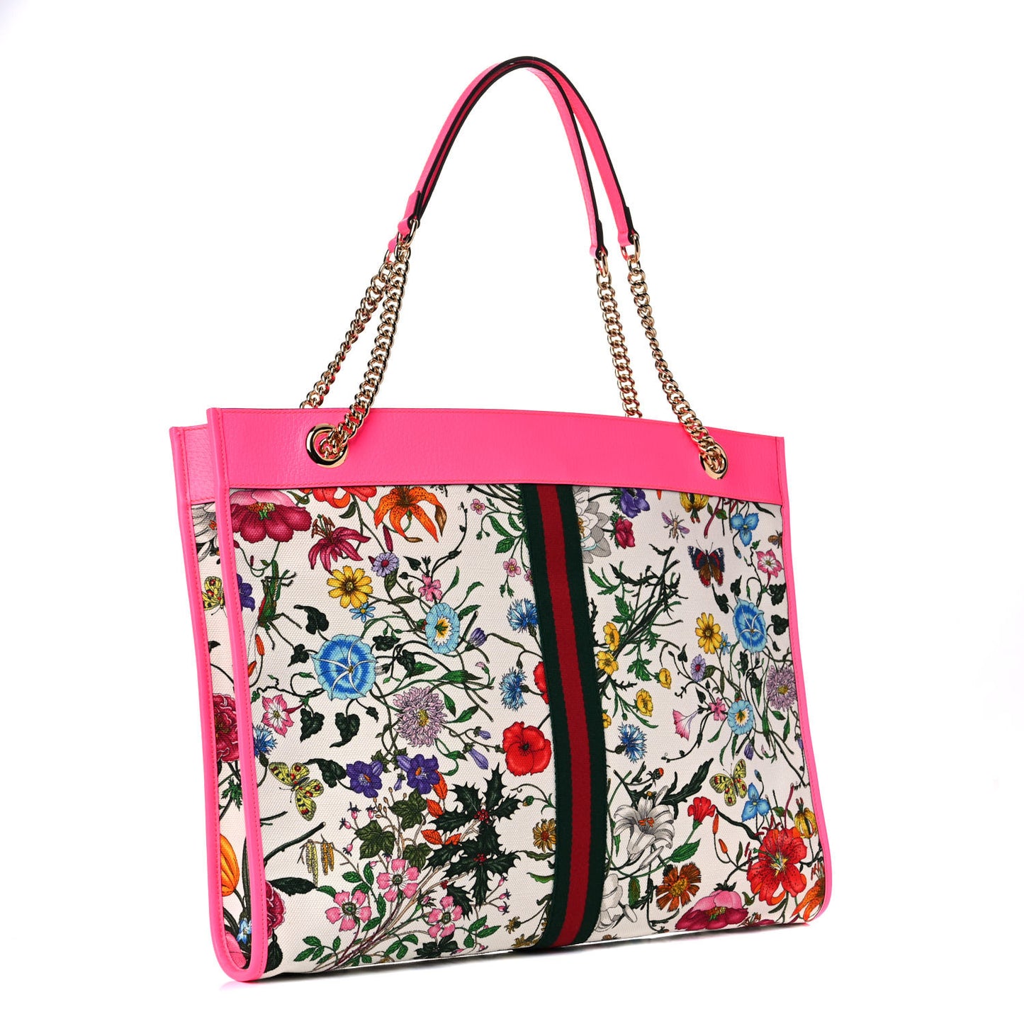 Canvas Flora Large Rajah Chain Tote White Multicolor Fuxia Fluo