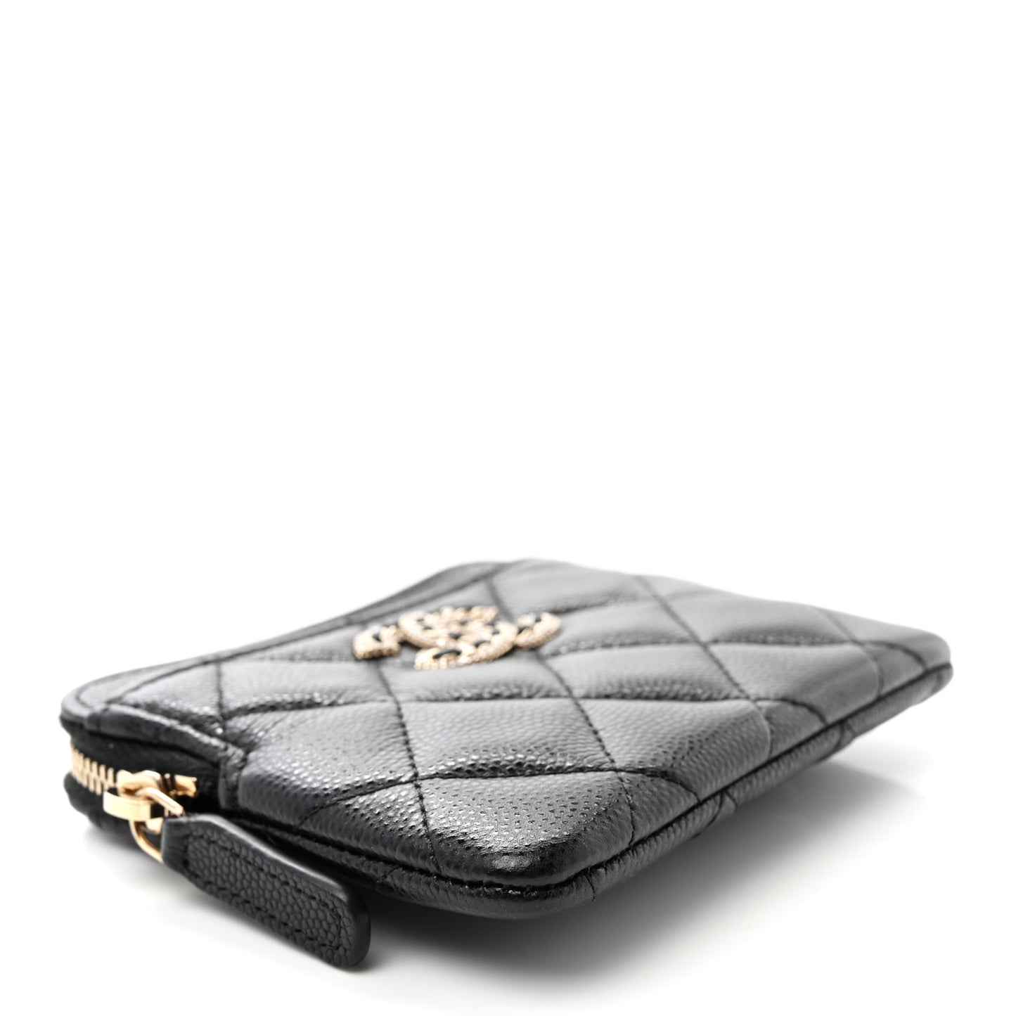 Caviar Quilted Crystal Zip Card Holder Wallet Black