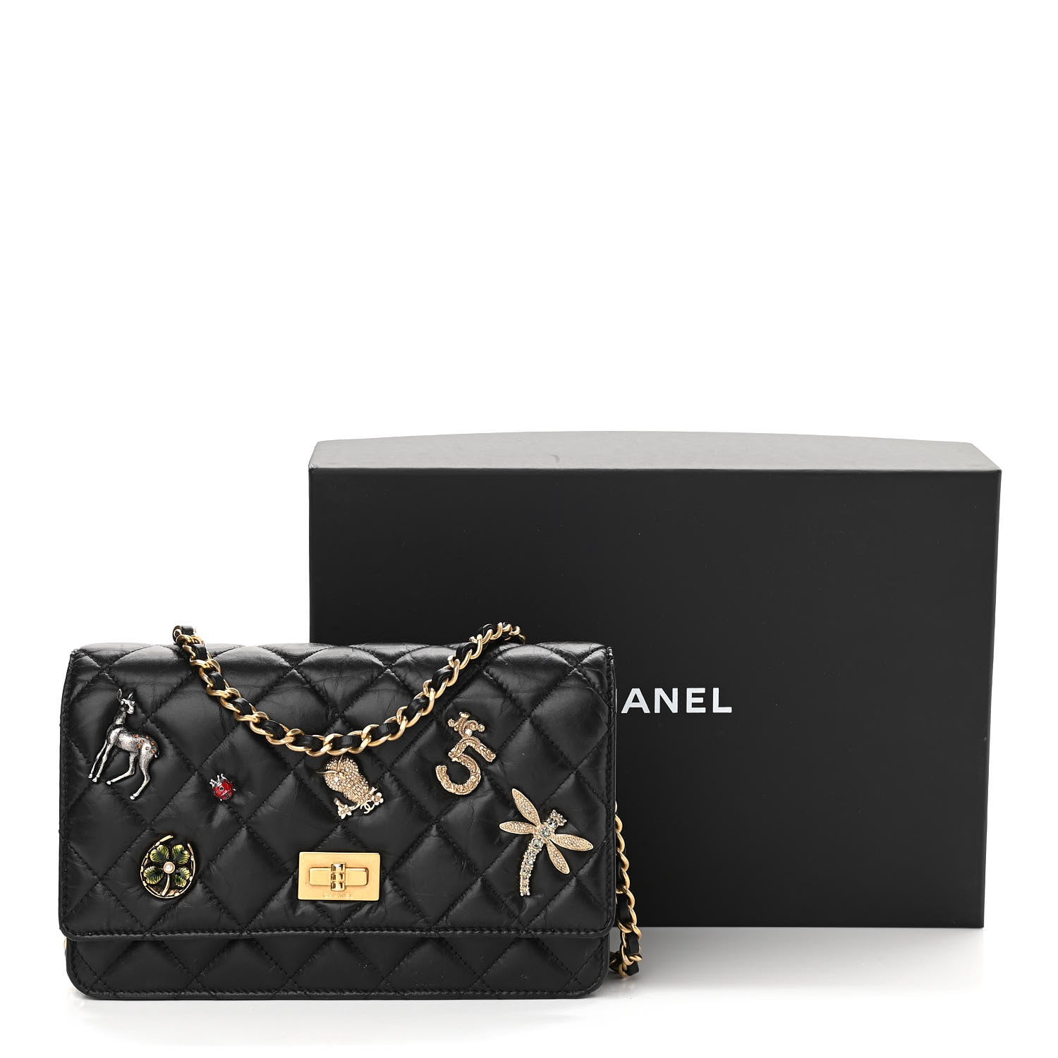 Chanel Aged Calfskin Quilted Lucky Charms 2.55 Reissue Wallet On Chain WOC Black 16 of 16