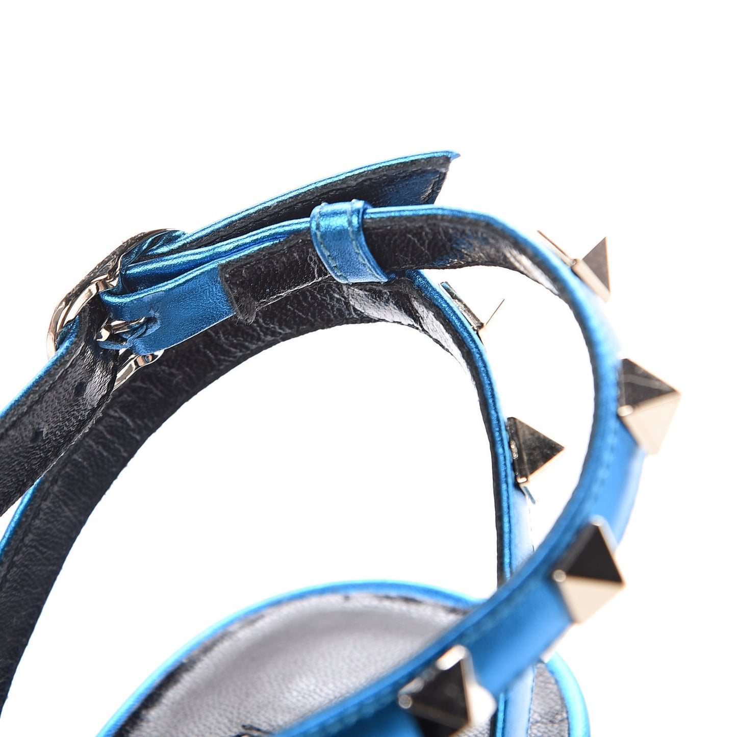Metallic Pebbled Calfskin Rockstud Ankle Strap 100mm Pumps 39 Light Blue