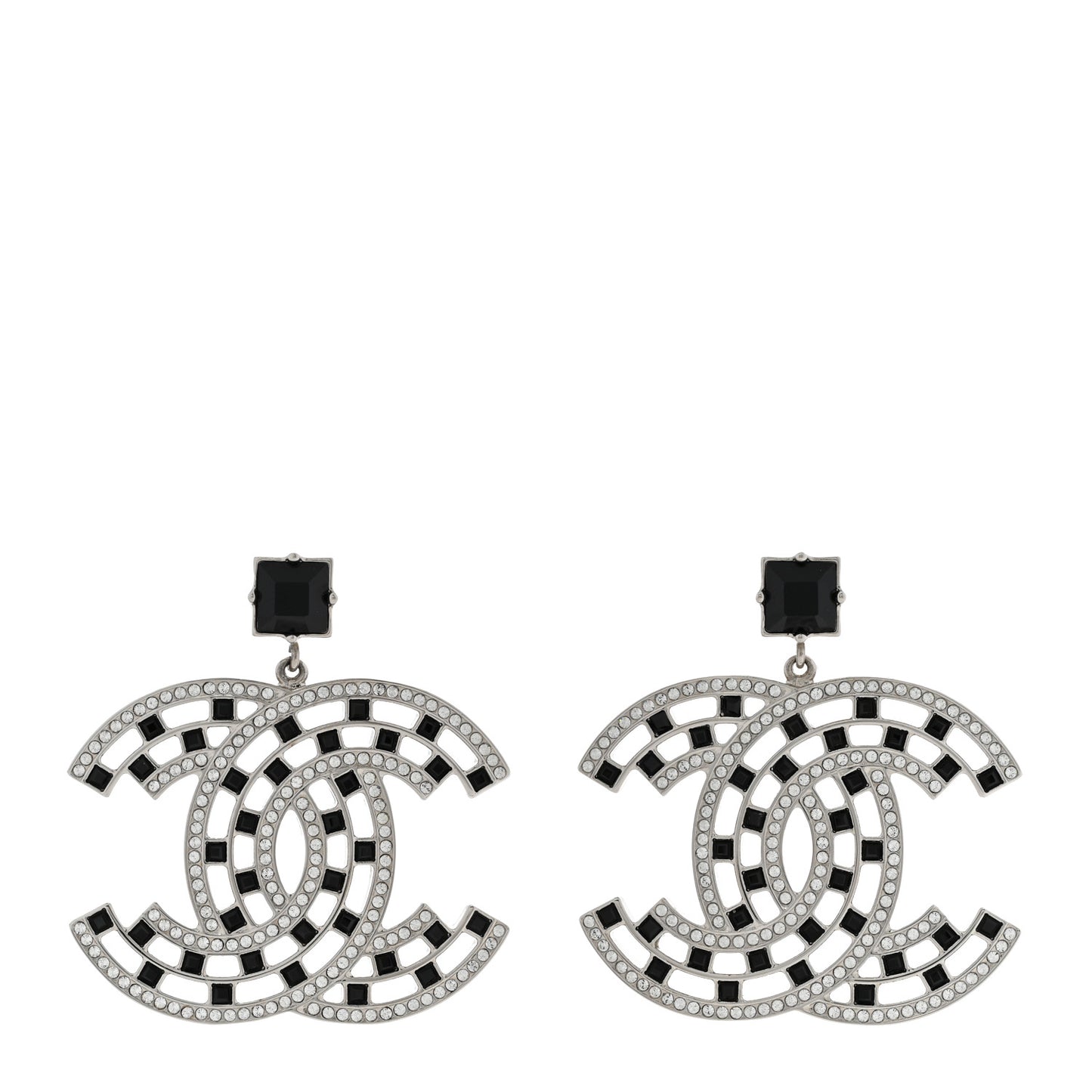 Baguette Crystal CC Drop Earrings Silver Black