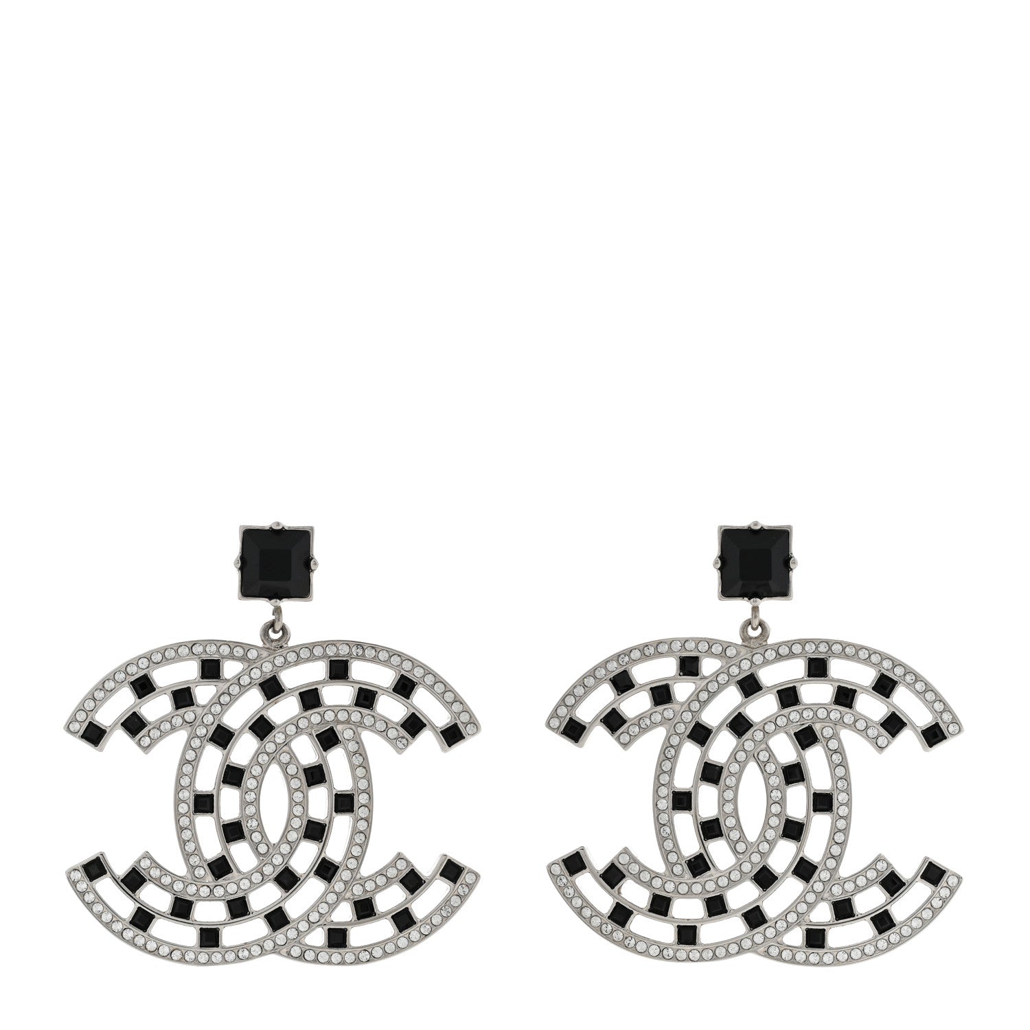Chanel Baguette Crystal CC Drop Earrings Silver Black 1 of 5