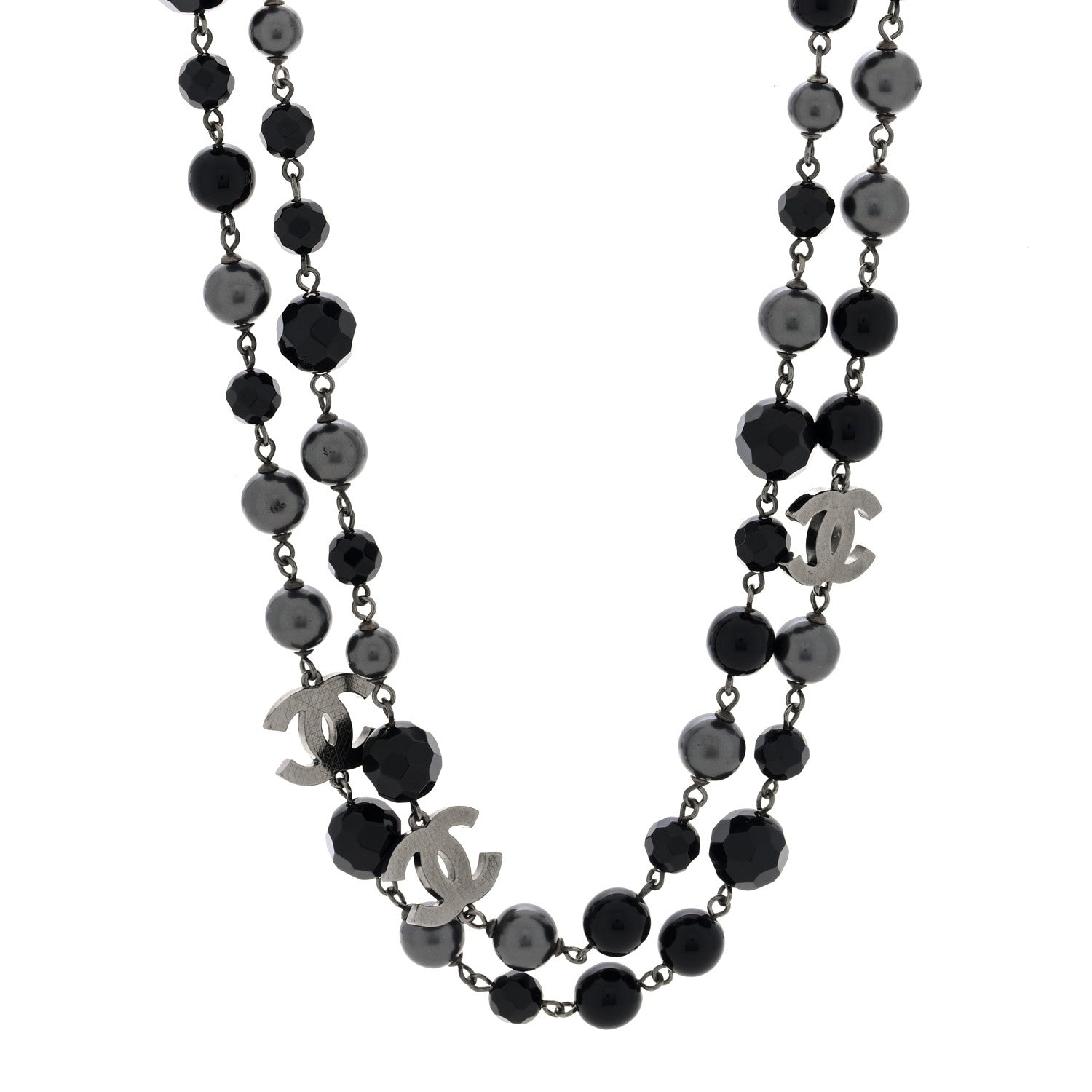 Chanel Pearl Bead Enamel CC Long Necklace Silver Black Grey 1 of 5