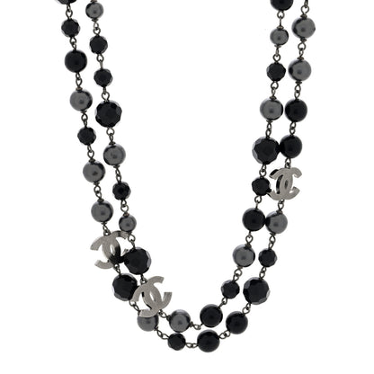 Chanel Pearl Bead Enamel CC Long Necklace Silver Black Grey 1 of 5