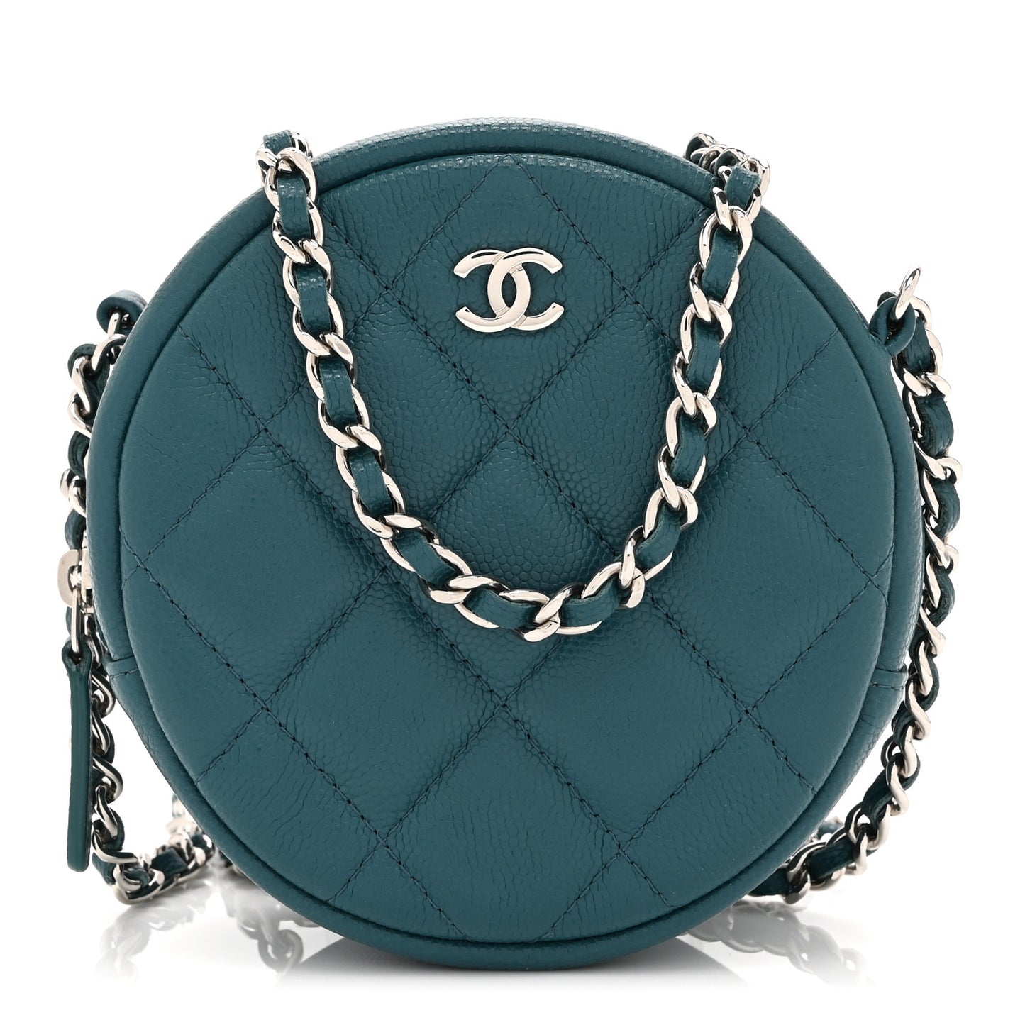 Caviar Quilted Round Clutch With Chain Green