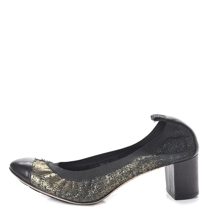 Chanel Metallic Lambskin Cap Toe CC Elastic Stretch Pumps 38.5 Black 1 of 13
