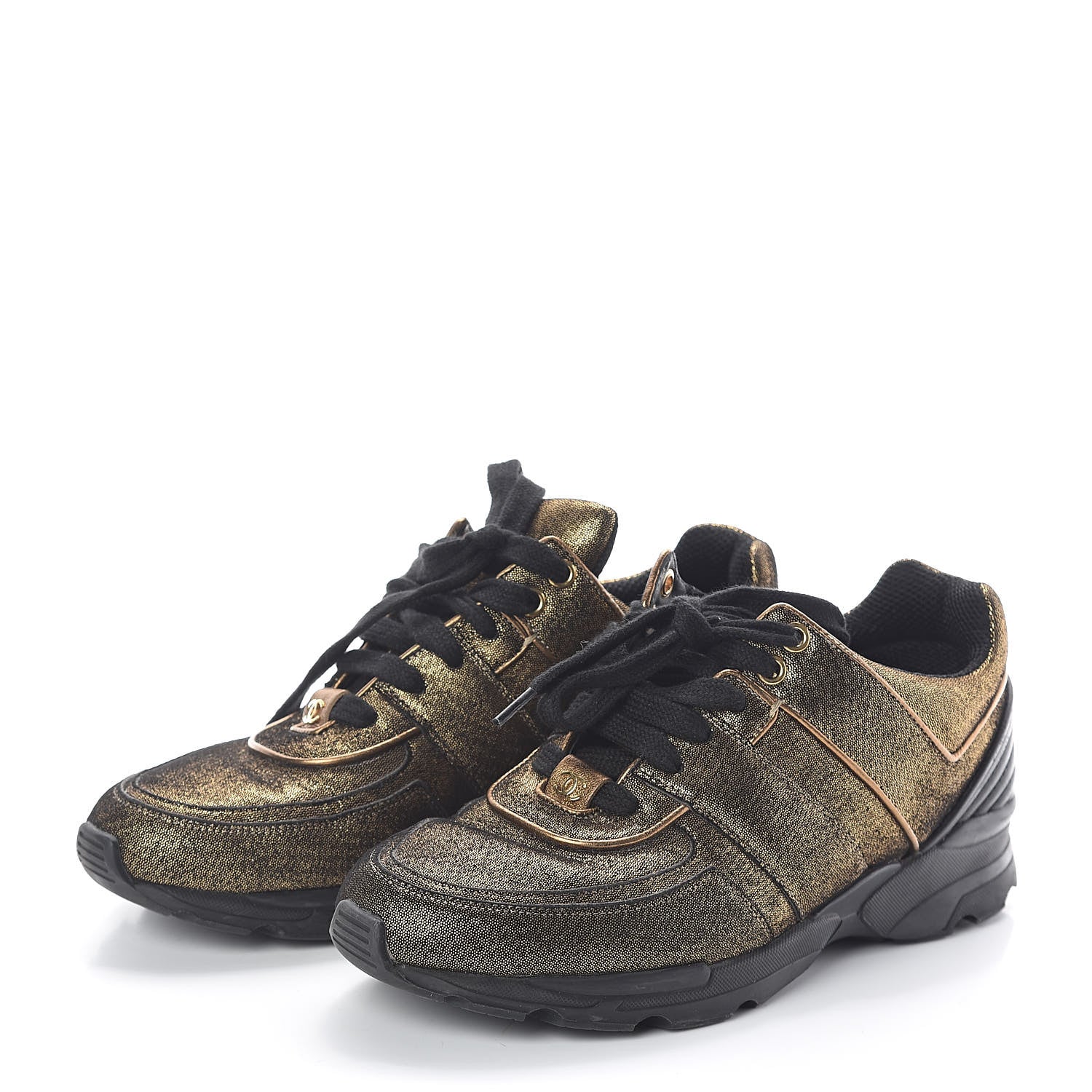 Chanel Metallic Fabric Calfskin Womens CC Sneakers 38 Golden Brown 3 of 8