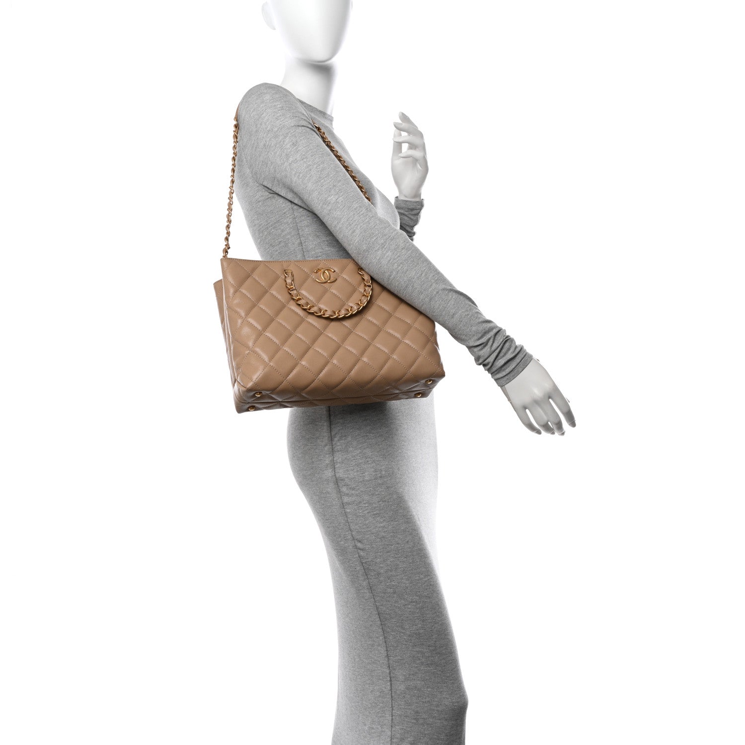 Chanel Shiny Caviar Quilted Chain Handle Shopping Tote Beige 2 of 10