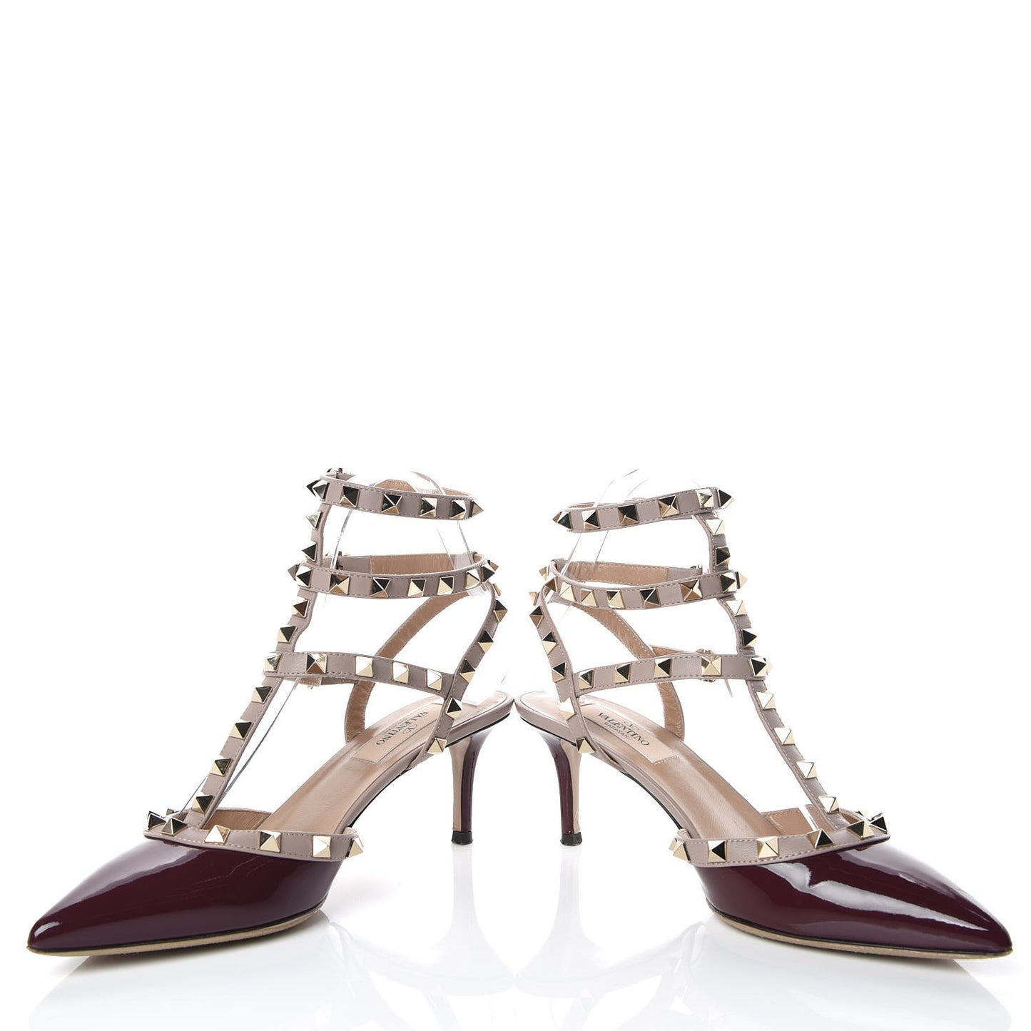 Patent Rockstud Ankle Strap Low Heel Pumps 37.5 Rubin Poudre