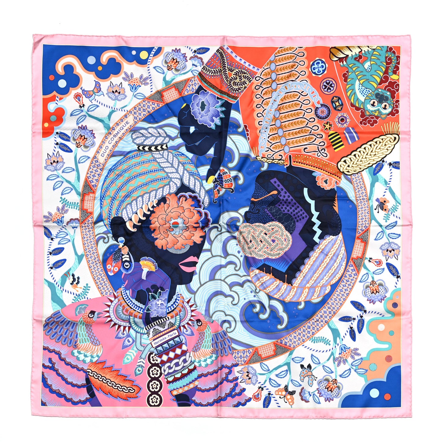 Silk Twill Duo Cosmique Scarf 90 Rose Pale Bleu Orange