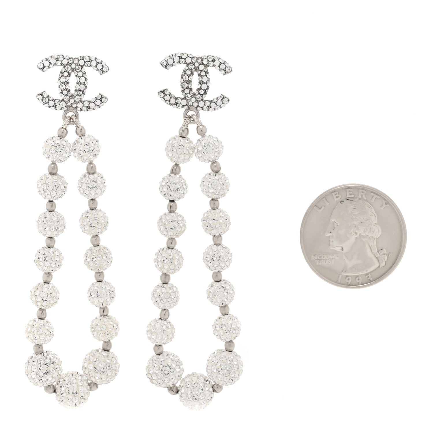 Chanel Crystal CC Ball Drop Earrings Silver 2 of 5