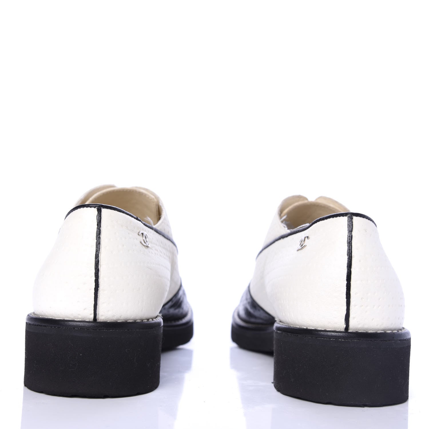 Chanel Calfskin Embossed Lace Up Oxfords 37 White Black 6 of 9