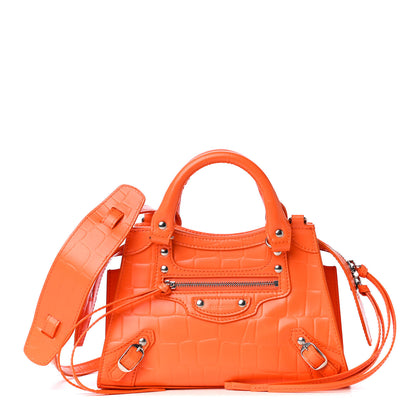 Balenciaga Semi Shiny Calfskin Crocodile Embossed Neo Classic Silver Hardware Mini City Orange 1 of 4