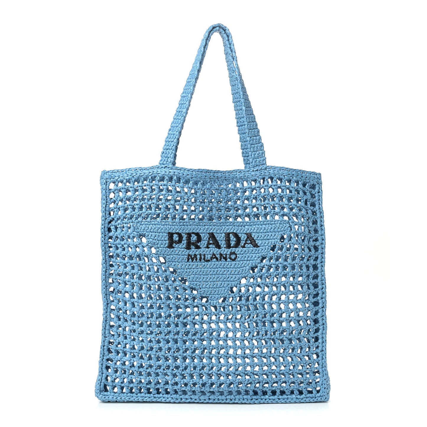 Yarn Raffia Effect Crochet Logo Embroidered Tote Bag Celeste