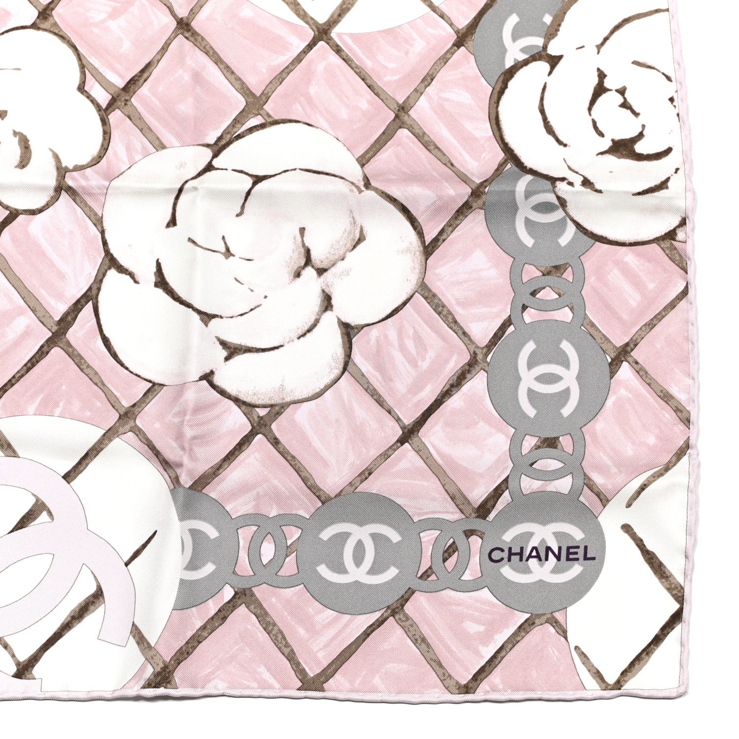 Chanel Silk CC Logo Camellia Scarf White Pink 2 of 3