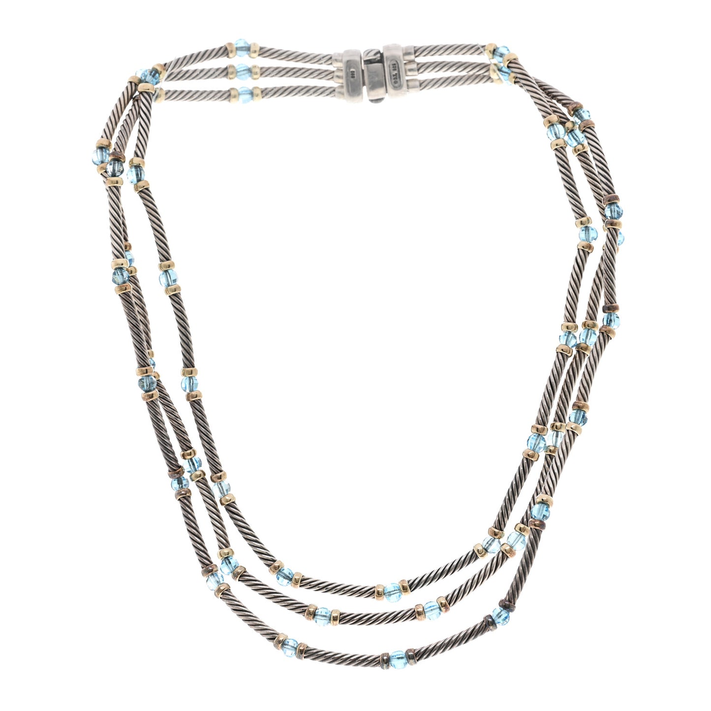 Sterling Silver 14K Yellow Gold Blue Topaz Hampton Cable 3 Strand Necklace