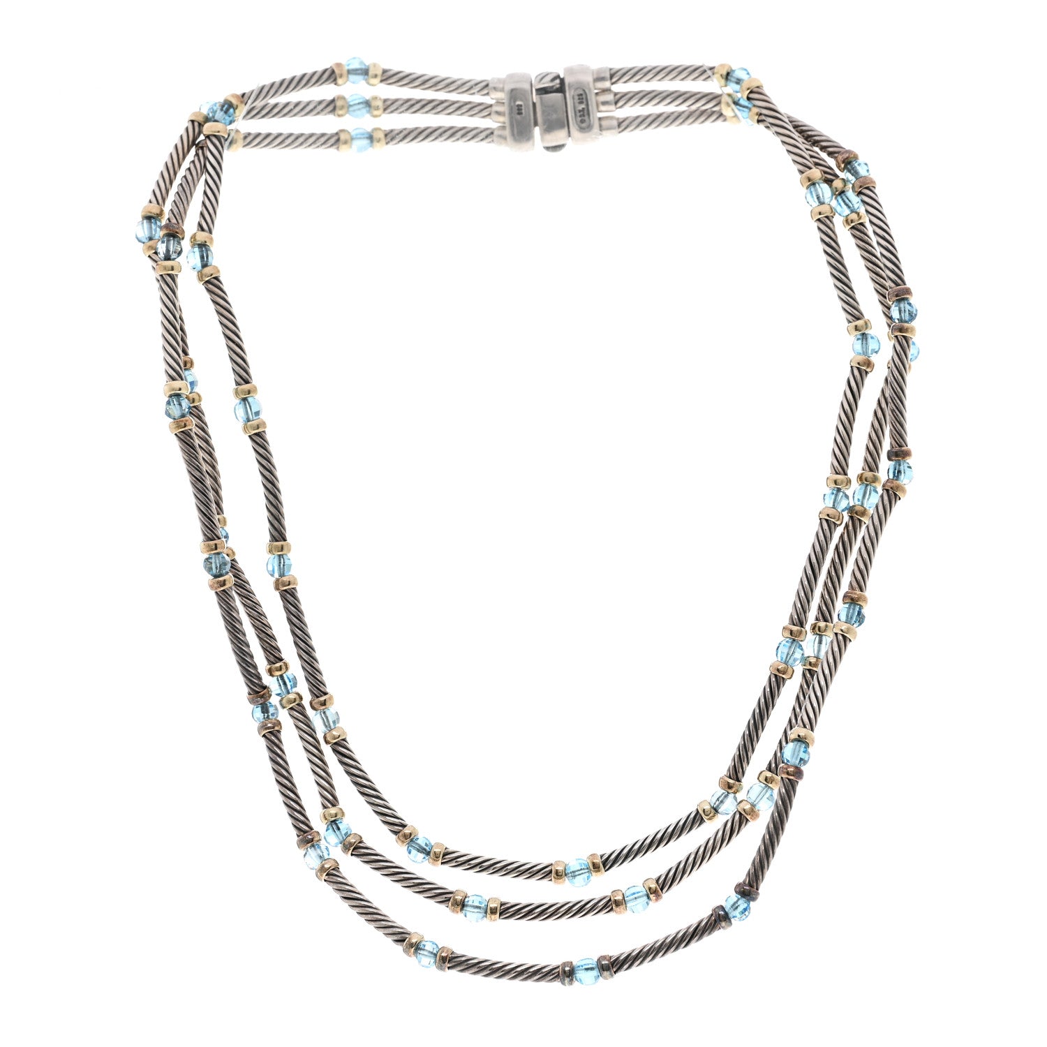David Yurman Sterling Silver 14K Yellow Gold Blue Topaz Hampton Cable 3 Strand Necklace 3 of 5