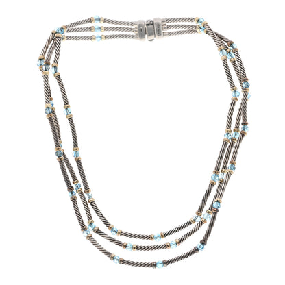 David Yurman Sterling Silver 14K Yellow Gold Blue Topaz Hampton Cable 3 Strand Necklace 3 of 5