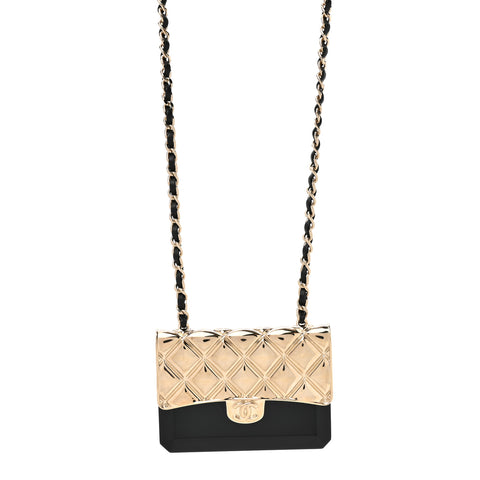 Metal Resin Lambskin Flap Bag Long Necklace Gold Black