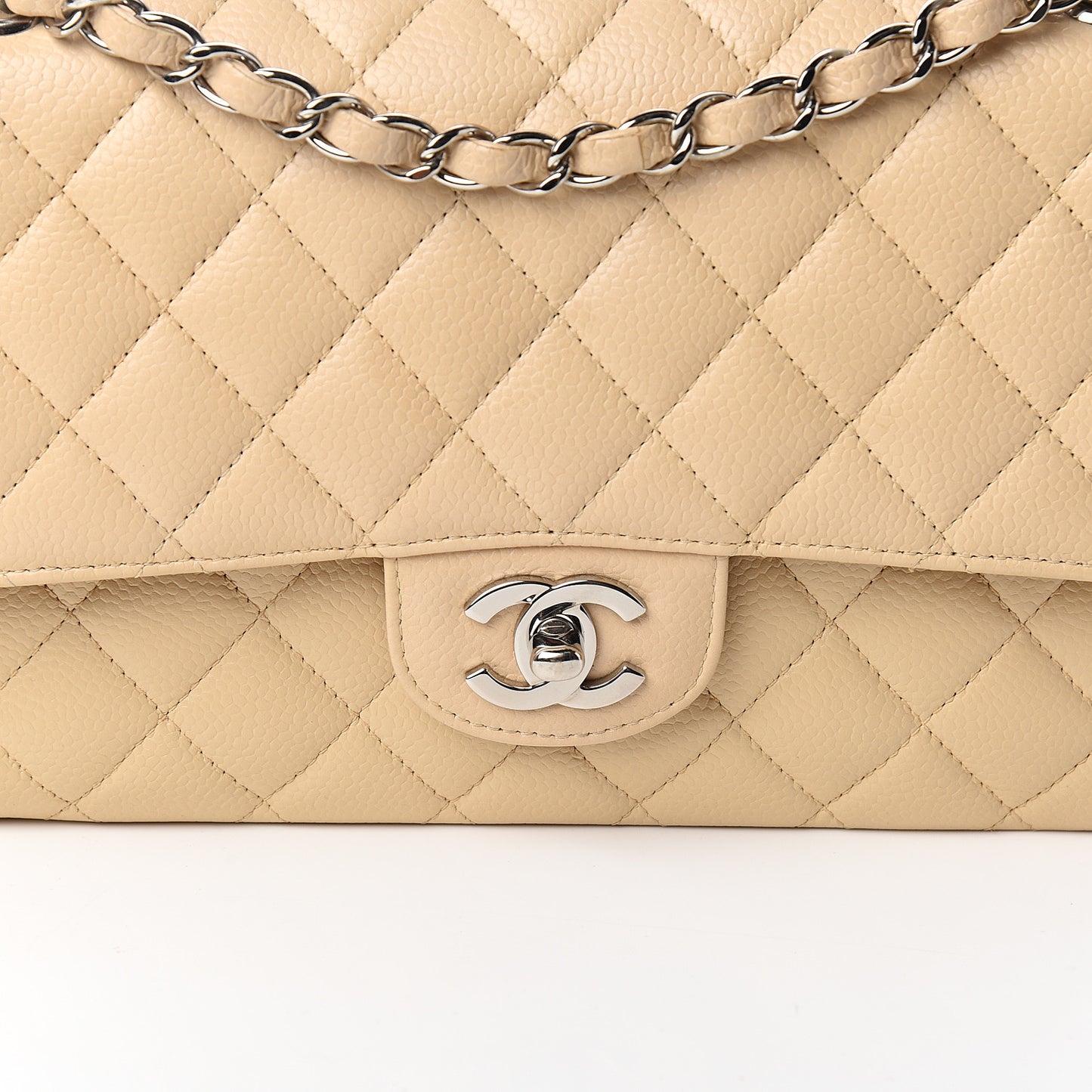 Caviar Quilted Medium Double Flap Beige