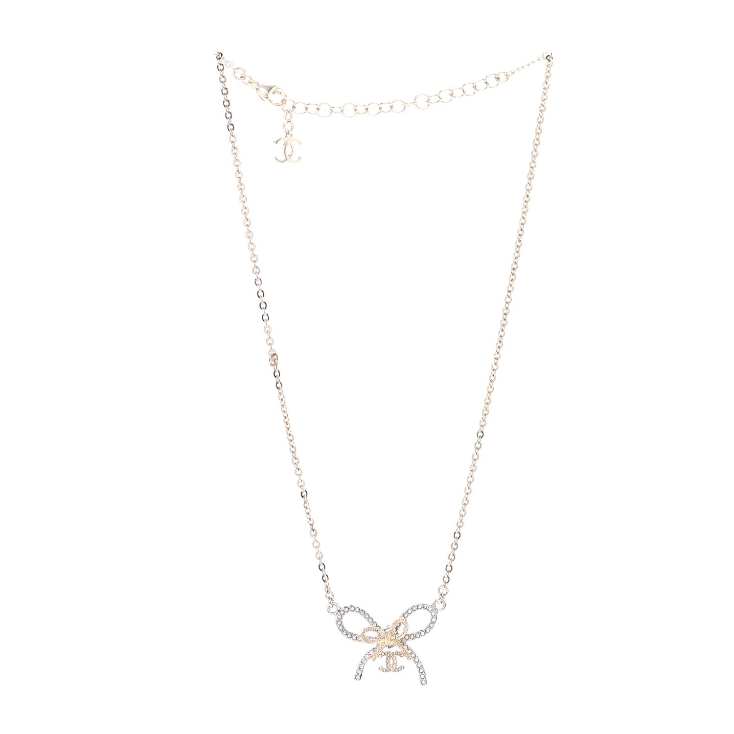Chanel Crystal CC Bow Pendant Necklace Gold Silver 3 of 7