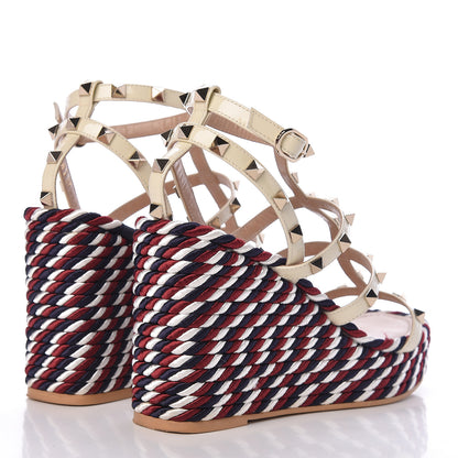 Valentino Garavani Patent Rockstud Ankle Strap Torchon Espadrille Caged 25/95mm Wedge Sandals 37 Light Ivory 4 of 11