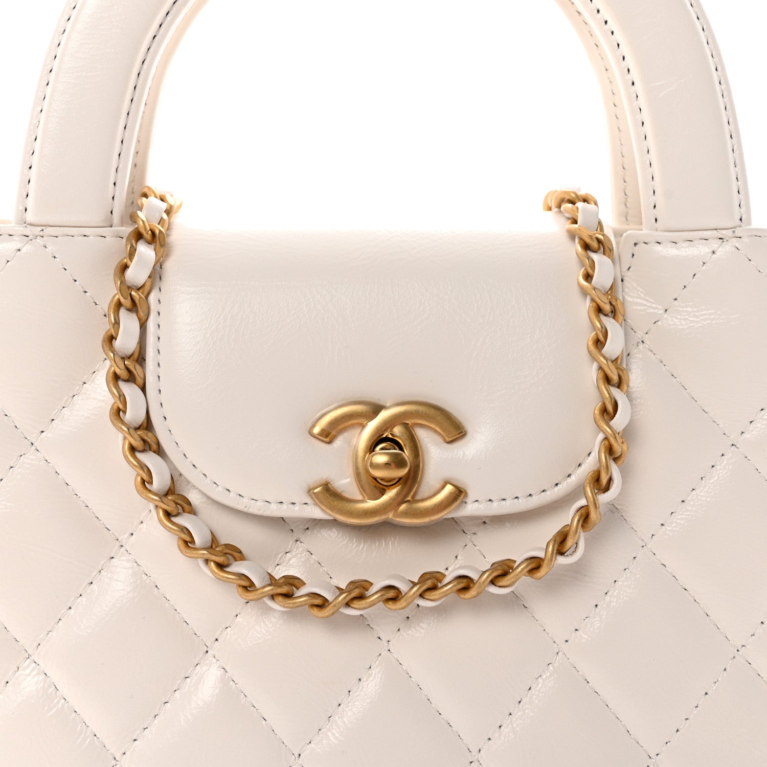 Chanel Shiny Aged Calfskin Quilted Nano Kelly Shopper White