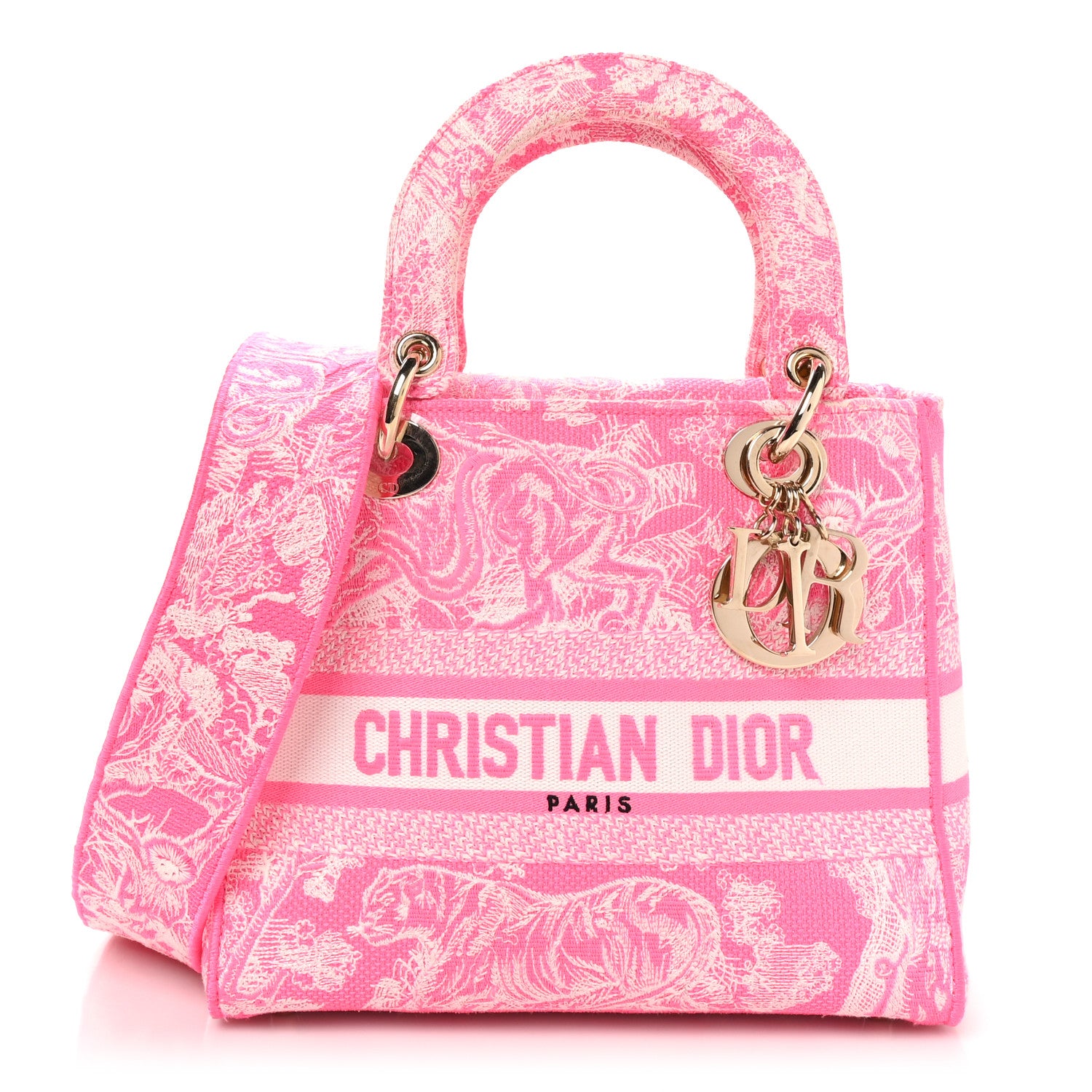 Christian Dior Canvas Toile De Jouy Reverse Embroidered Medium Lady D-Lite Fluorescent Pink 1 of 9