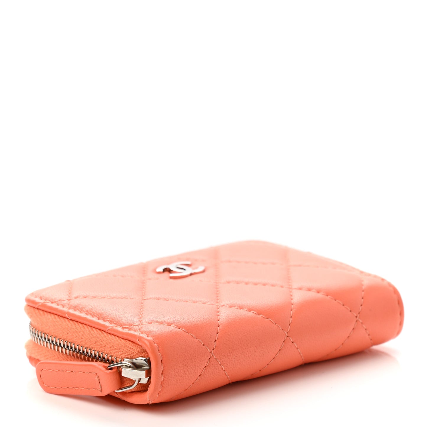 Lambskin Quilted Zip Around Coin Purse Wallet Coral
