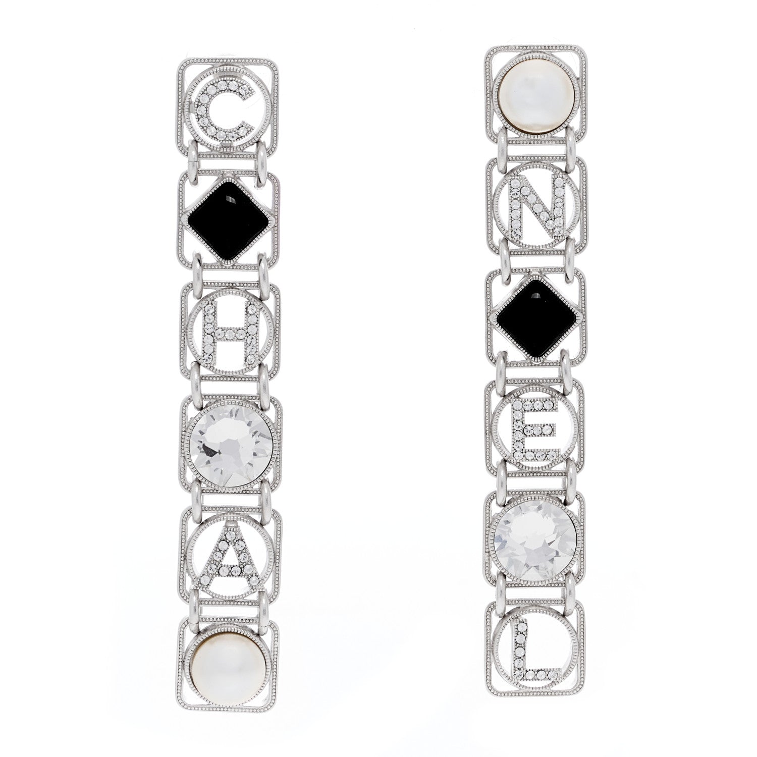 Chanel Crystal Pearl Resin Chanel Logo Drop Earrings Silver Pearly White Black 1 of 4