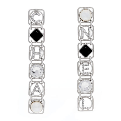 Chanel Crystal Pearl Resin Chanel Logo Drop Earrings Silver Pearly White Black 1 of 4