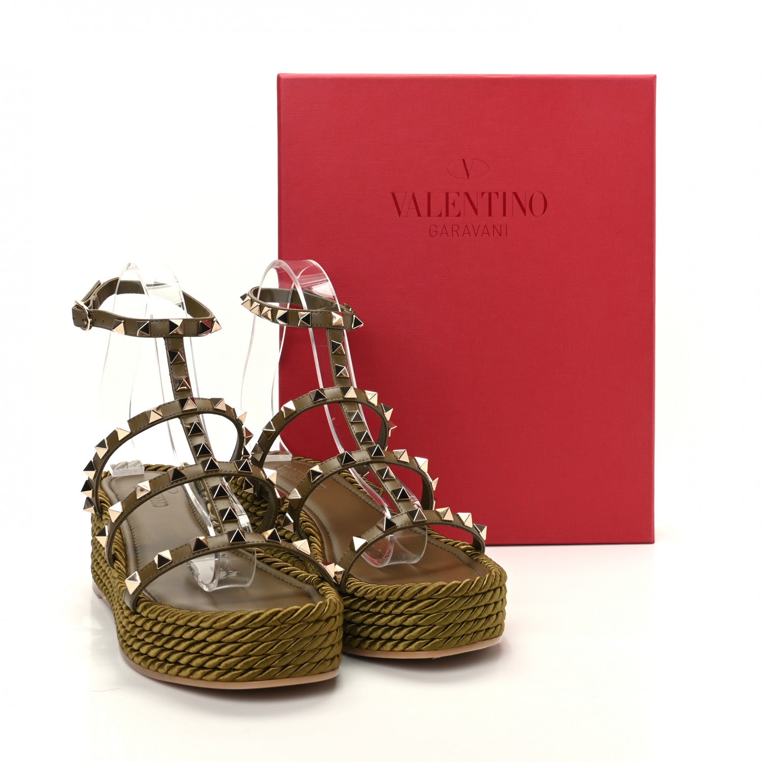 Valentino Garavani Calfskin Rockstud Ankle Strap Torchon Espadrille Caged 30/55mm Sandals 39 Lichen 11 of 11