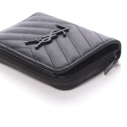 Saint Laurent Grain De Poudre Matelasse Chevron Monogram Compact Zip Around Wallet Black 13 of 15