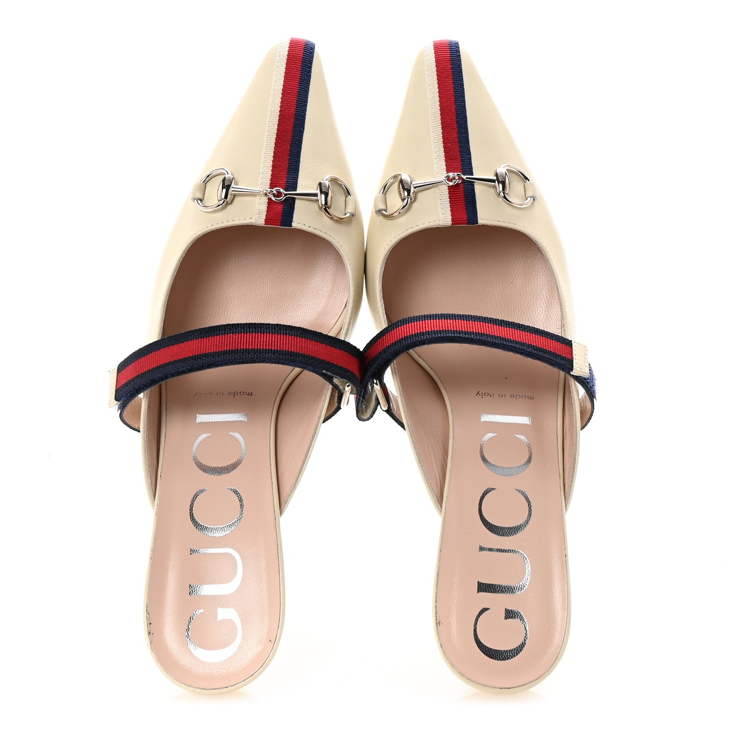 Gucci Malaga Kid Sylvie Web Cross Strap Mid-Heel Slides 38 Vintage White 2 of 9