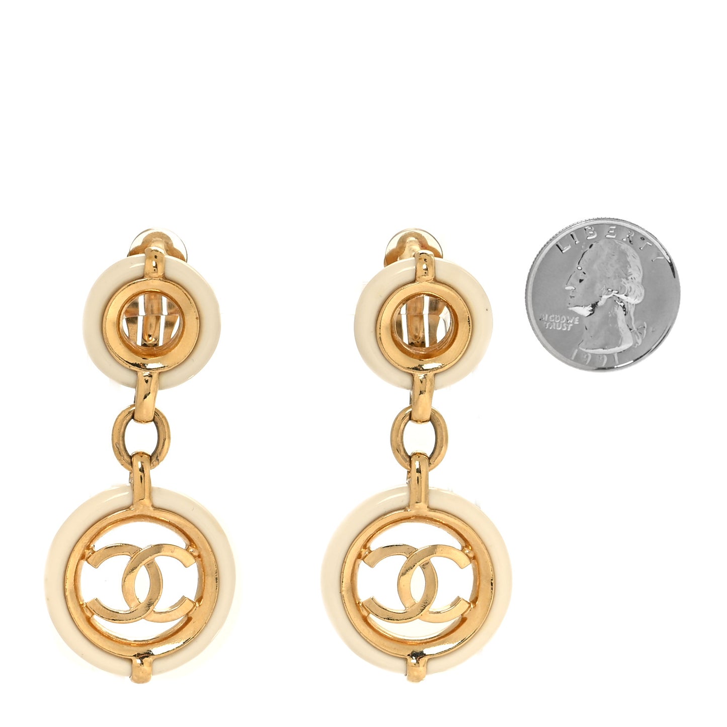Metal Resin CC Round Drop Clip On Earrings Gold