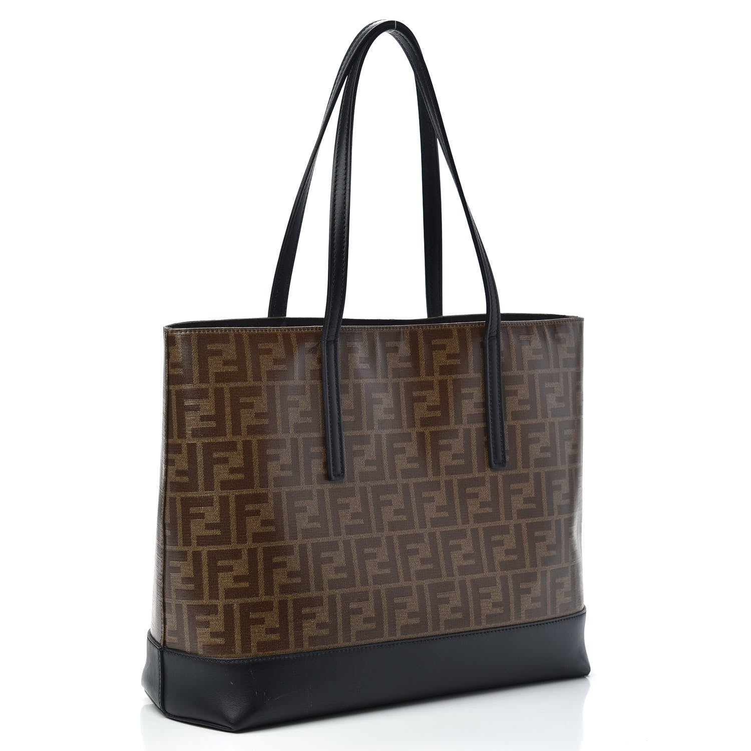 Fendi Glazed Fabric Vitello Century FF 1974 Stamp Patch Shopping Tote Mogano Panna Black 3 of 9