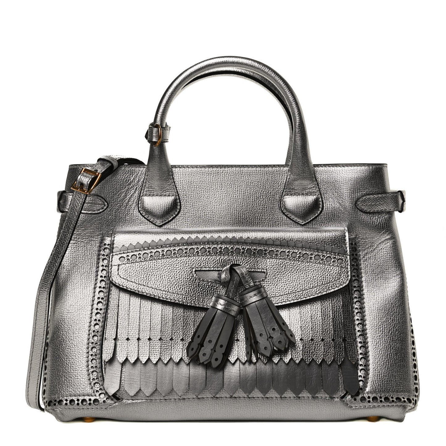 Metallic Calfskin Broguing Medium Banner Tote Silver