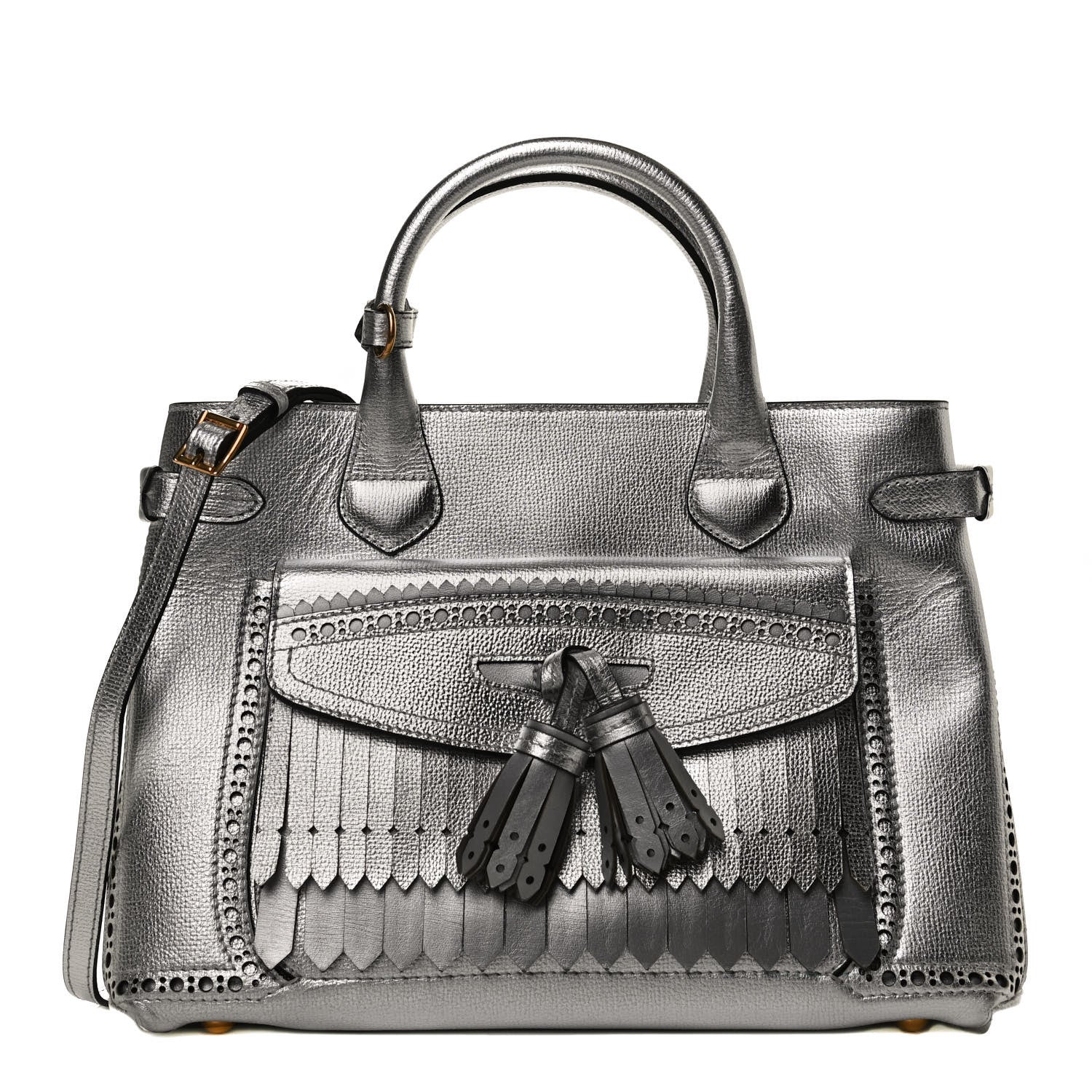 Burberry Metallic Calfskin Broguing Medium Banner Tote Silver 1 of 10