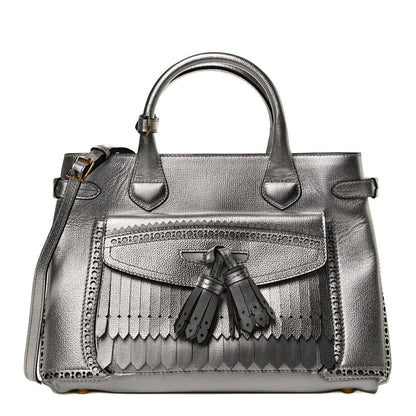 Burberry Metallic Calfskin Broguing Medium Banner Tote Silver 1 of 10